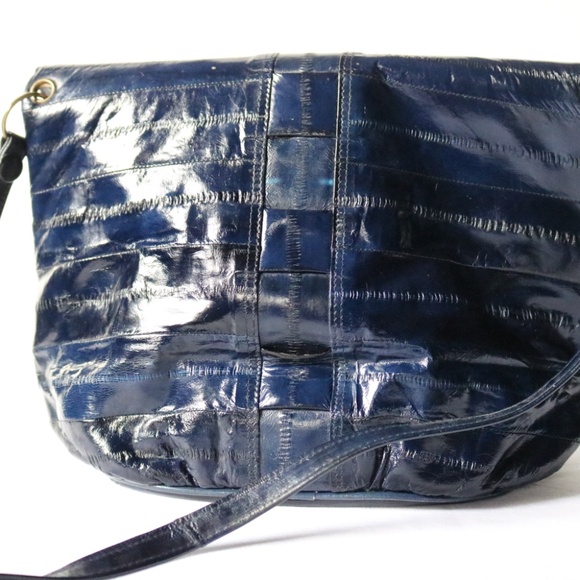 Vintage Genuine Eel Skin Leather Shoulder Crossbody Bag Purse Navy Blue 80s - Picture 4 of 11